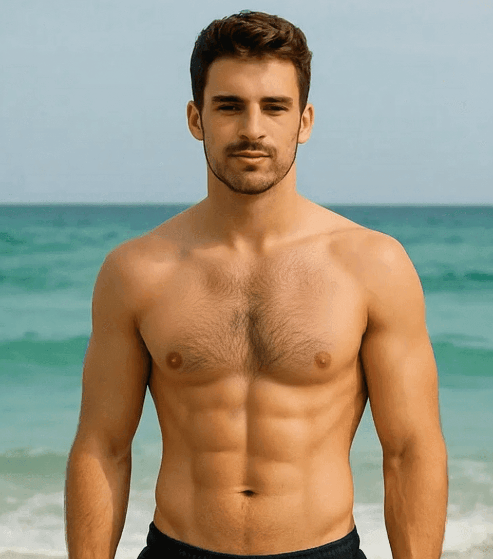 Photo after application of aestethic filter: Guy at beach with muscular physique