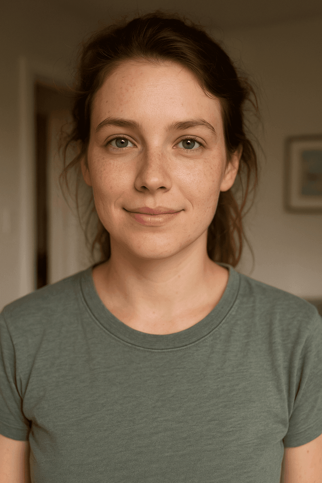 Before skin smoothing: Plain selfie of girl with rough skin and green shirt