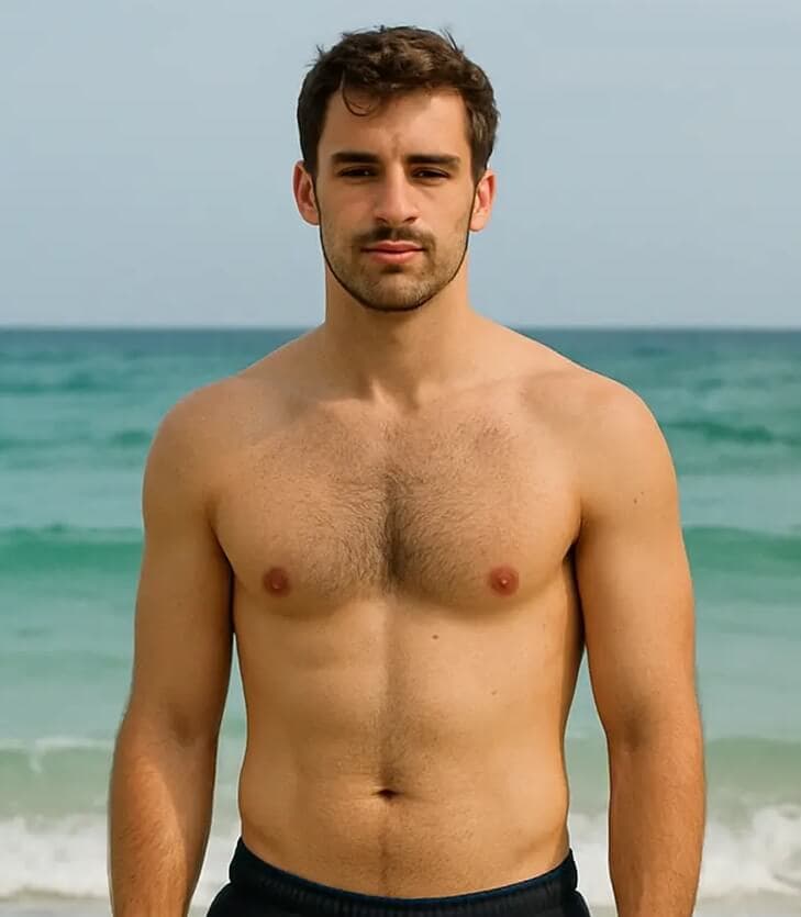 Photo before application of aestethic filter: Out of shape guy at beach