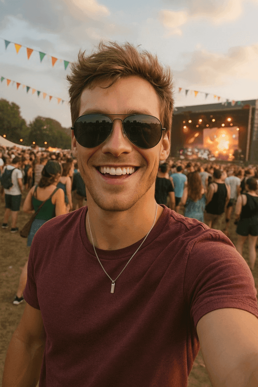 After photo glow up: Guy at festival in fancy outfit with necklace and shades